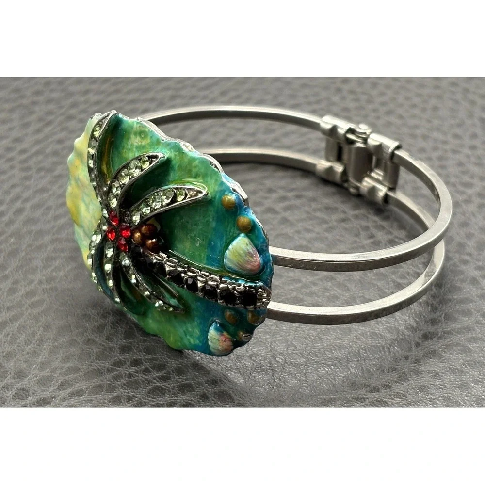 Vintage Tropical Palm Tree Clamper Bangle Enamel Rhinestone Beach Bracelet 7.5